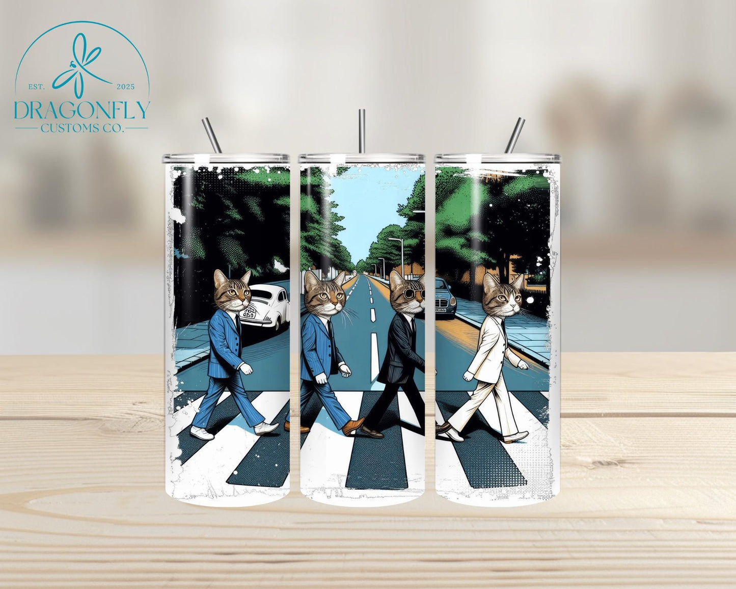20oz Skinny Stainless Steel Tumbler - T’Abbey Road, Cats, Beatles - Made to Order!