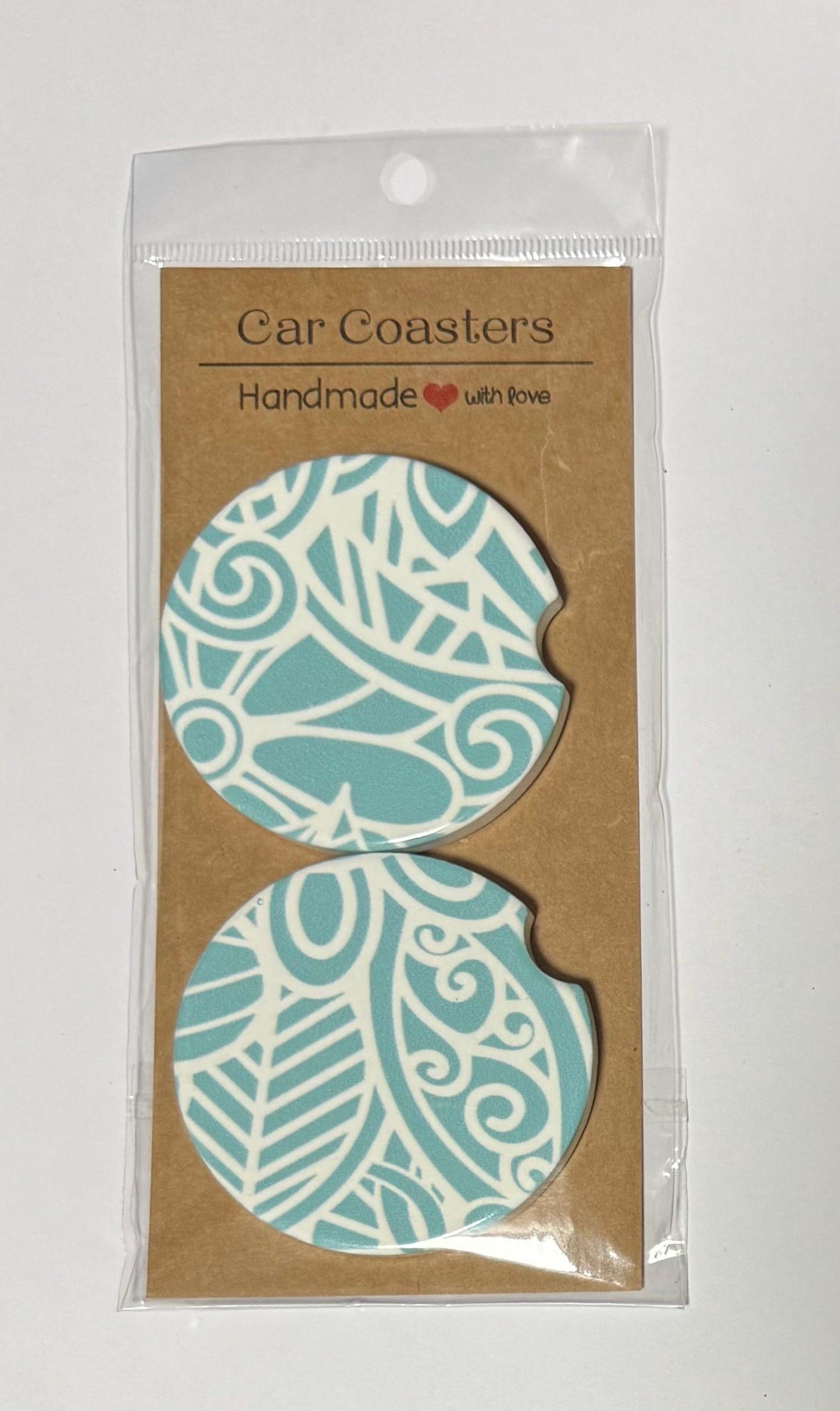 Ceramic Car Coasters - Set of Two - Light Blue Mandala