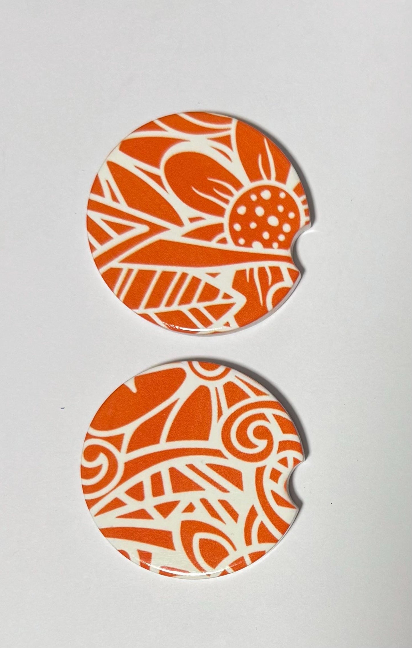 Ceramic Car Coasters - Set of Two - Orange Mandala