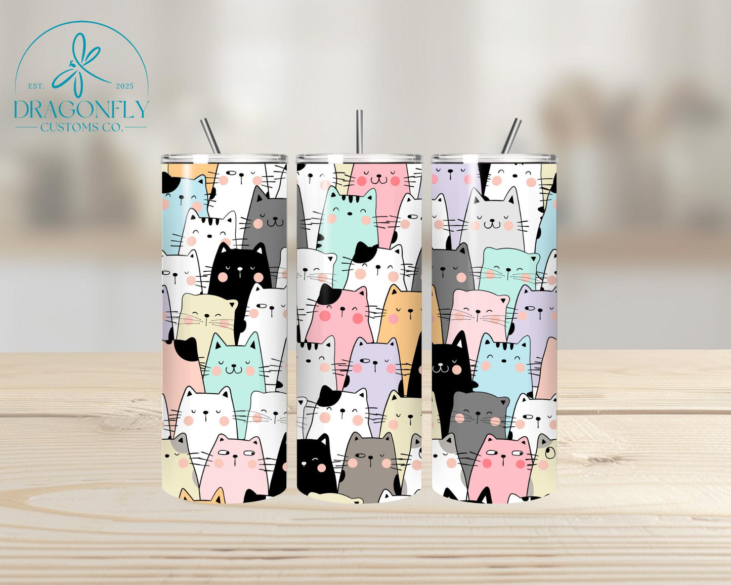20oz Skinny Stainless Steel Tumbler - Cats! Skinny Cats - Made to Order!