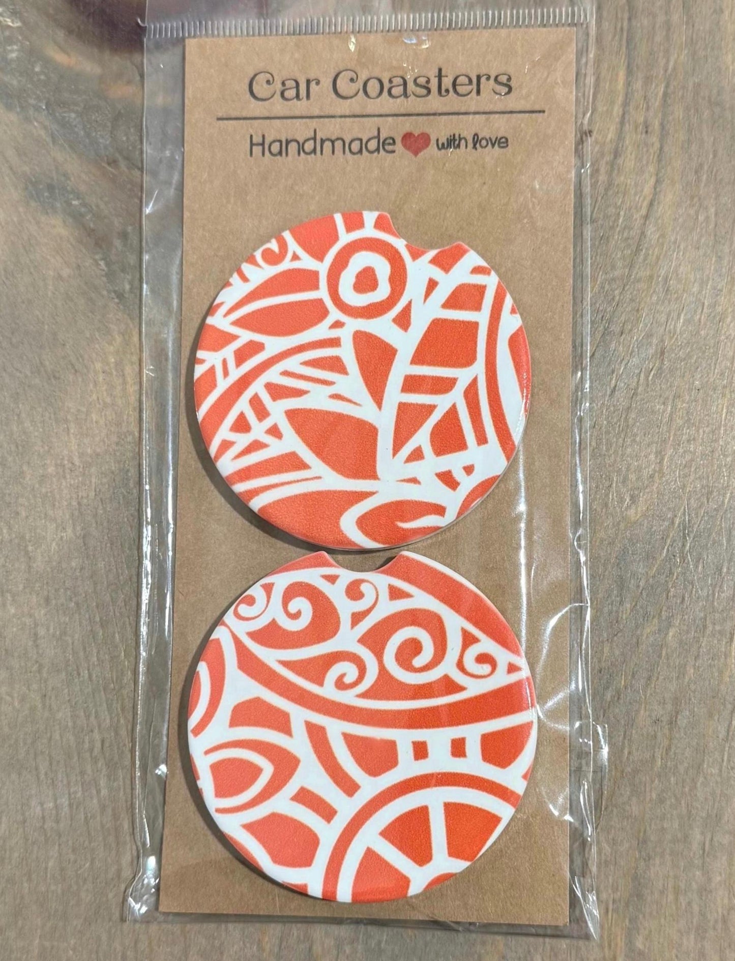 Ceramic Car Coasters - Set of Two - Orange Mandala