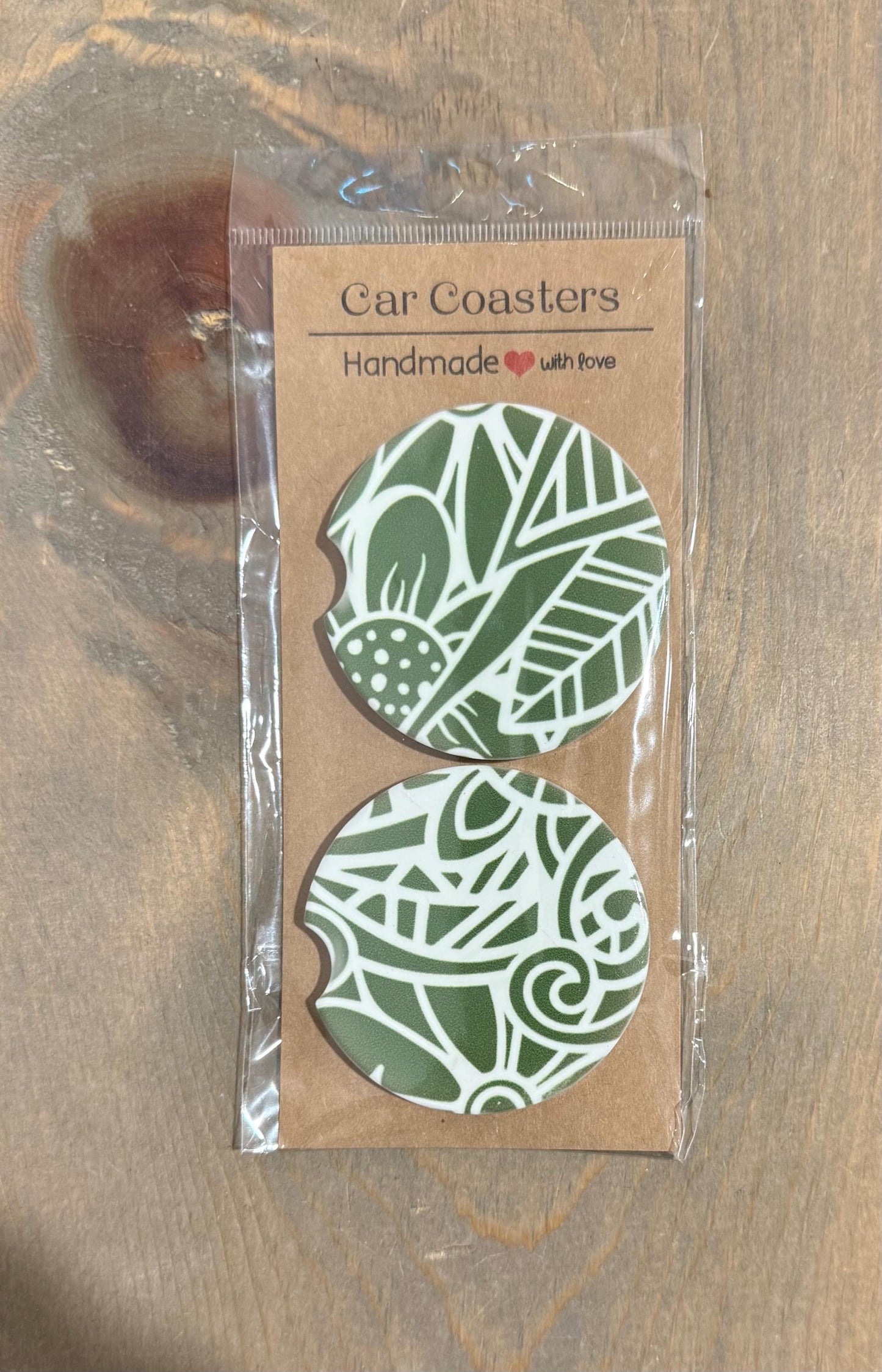 Ceramic Car Coasters - Set of Two - Dark Green Mandala