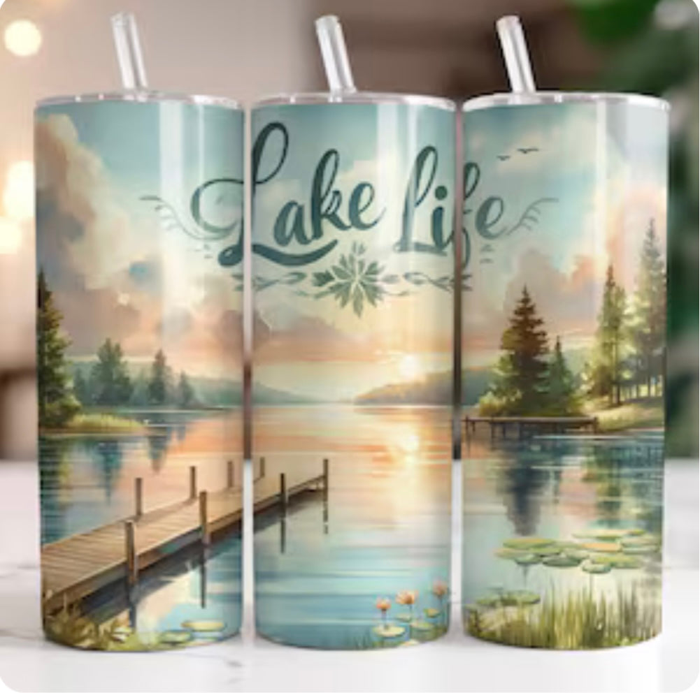20oz Skinny Stainless Steel Tumbler - Lake Life - Made to Order!
