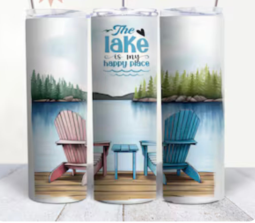 20oz Skinny Stainless Steel Tumbler - The Lake is my Happy Place - Made to Order!