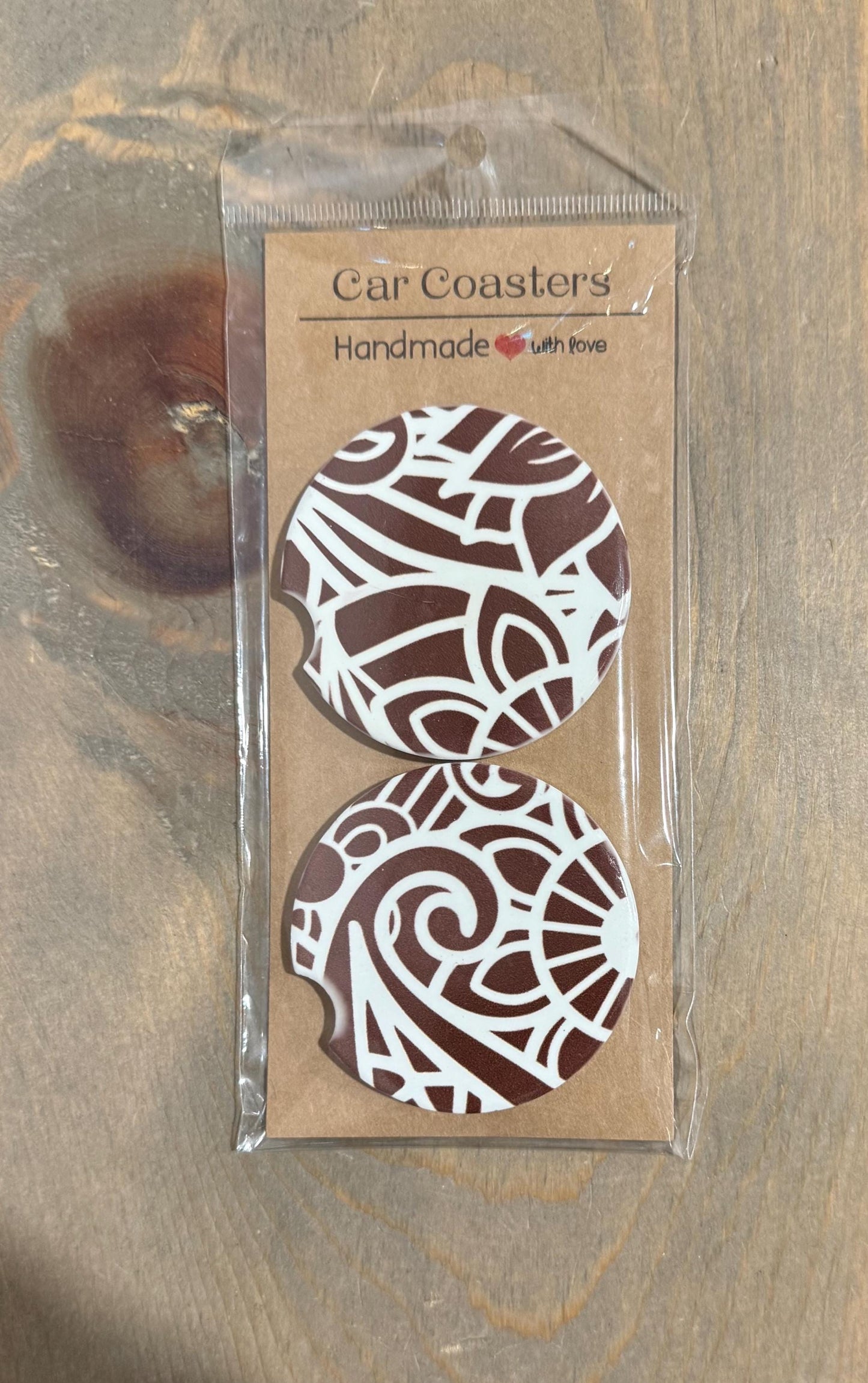 Ceramic Car Coasters - Set of Two - Brown Mandala