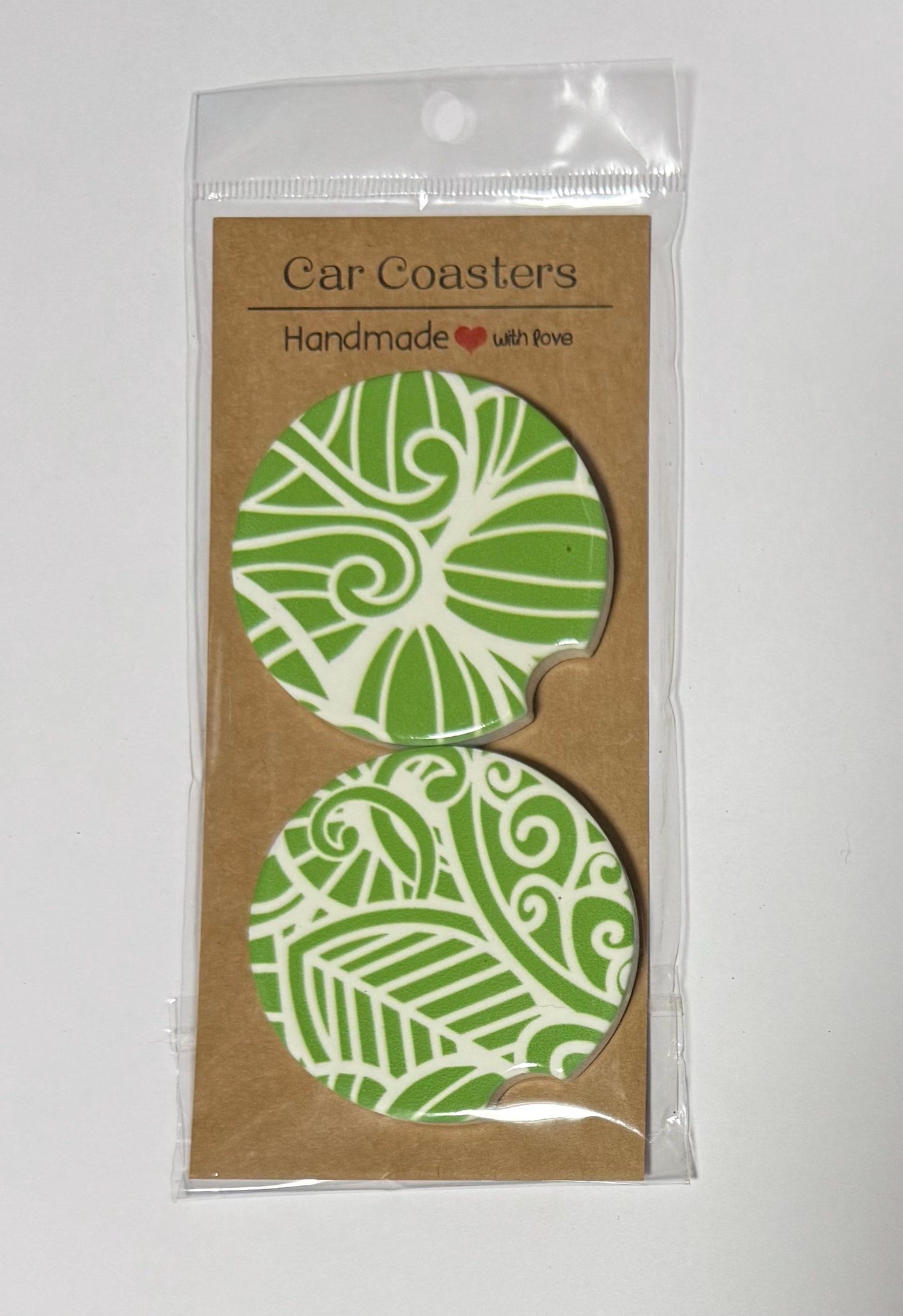 Ceramic Car Coasters - Set of Two - Light Green Mandala