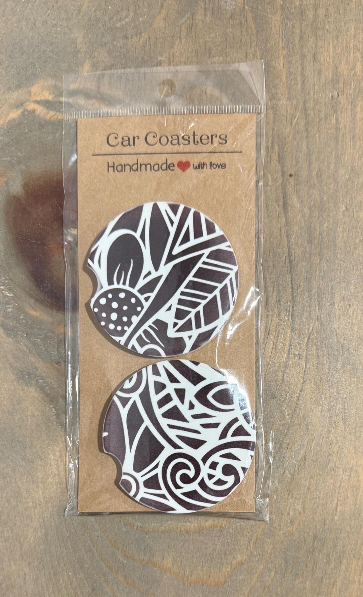 Ceramic Car Coasters - Set of Two - Black Mandala