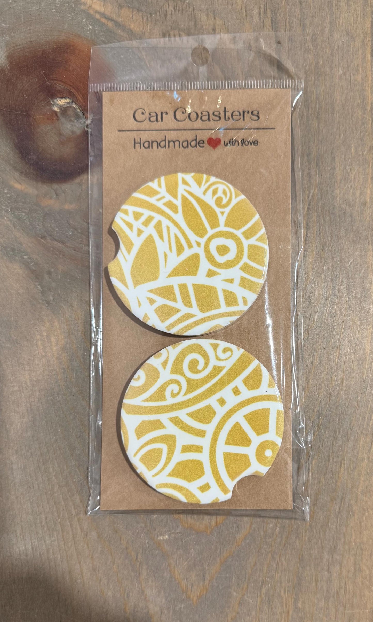 Ceramic Car Coasters - Set of Two - Yellow Mandala