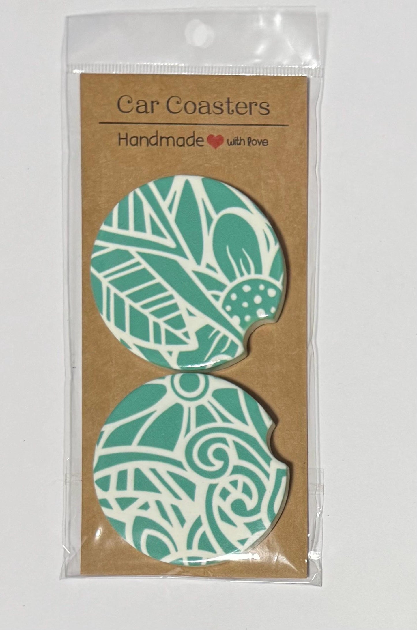 Ceramic Car Coasters - Set of Two - Teal Mandala