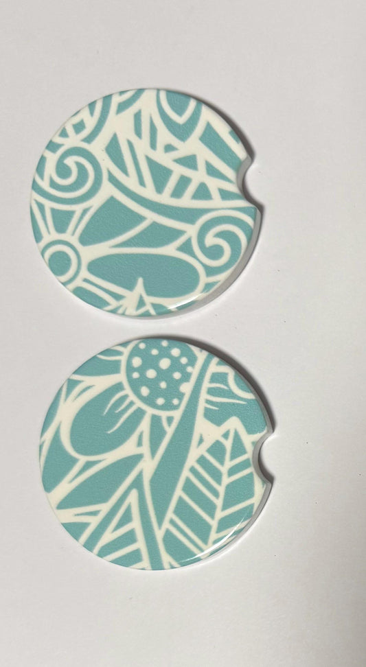 Ceramic Car Coasters - Set of Two - Light Blue Mandala