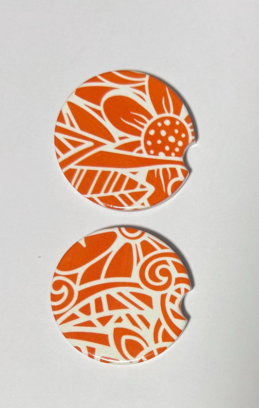 Ceramic Car Coasters - Set of Two - Orange Mandala