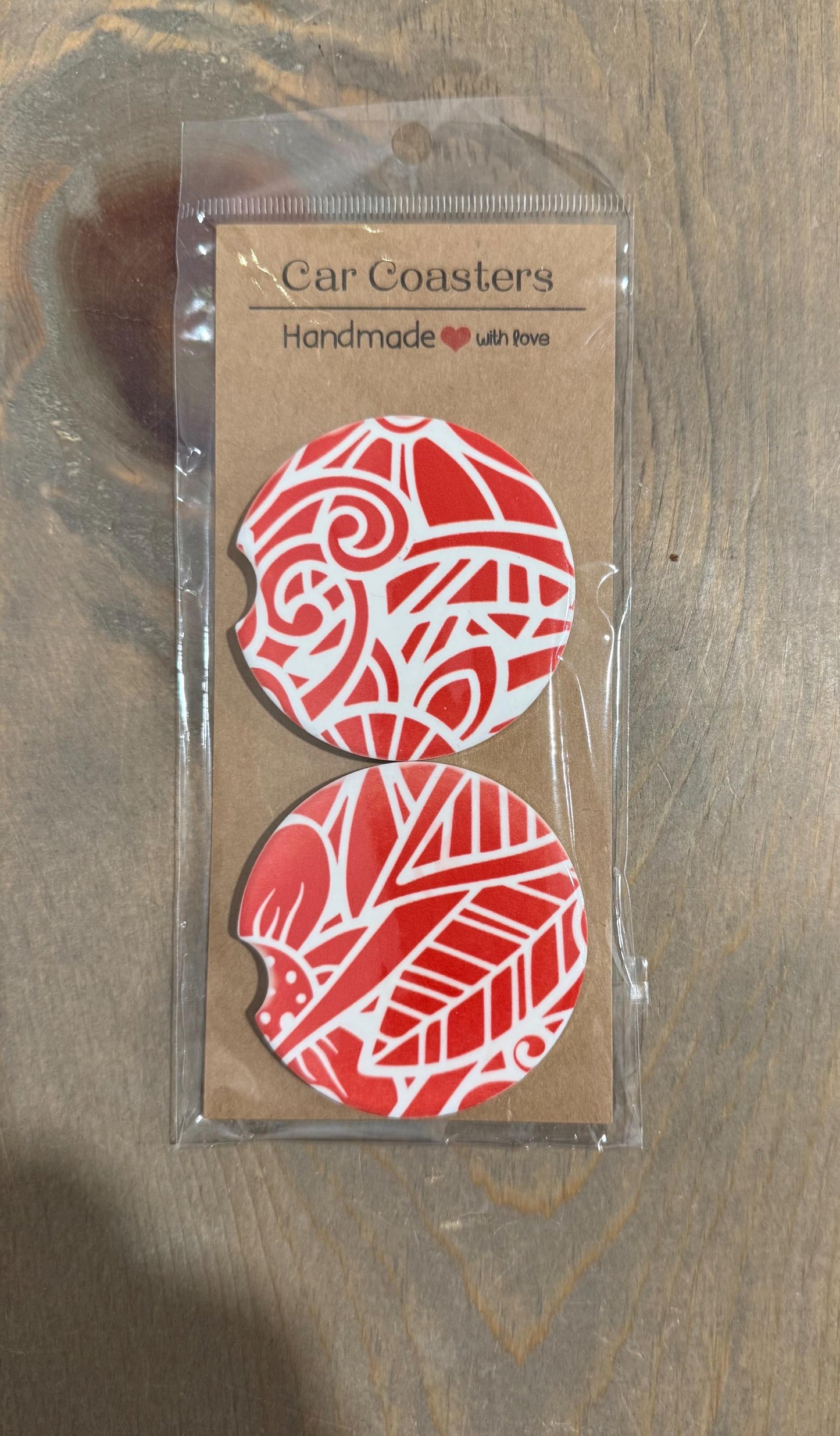 Ceramic Car Coasters - Set of Two - Red Mandala