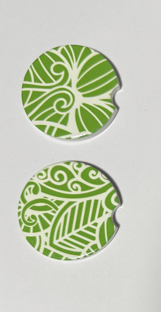 Ceramic Car Coasters - Set of Two - Light Green Mandala
