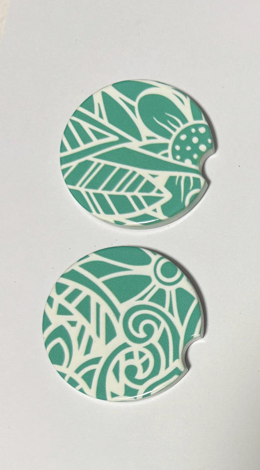 Ceramic Car Coasters - Set of Two - Teal Mandala