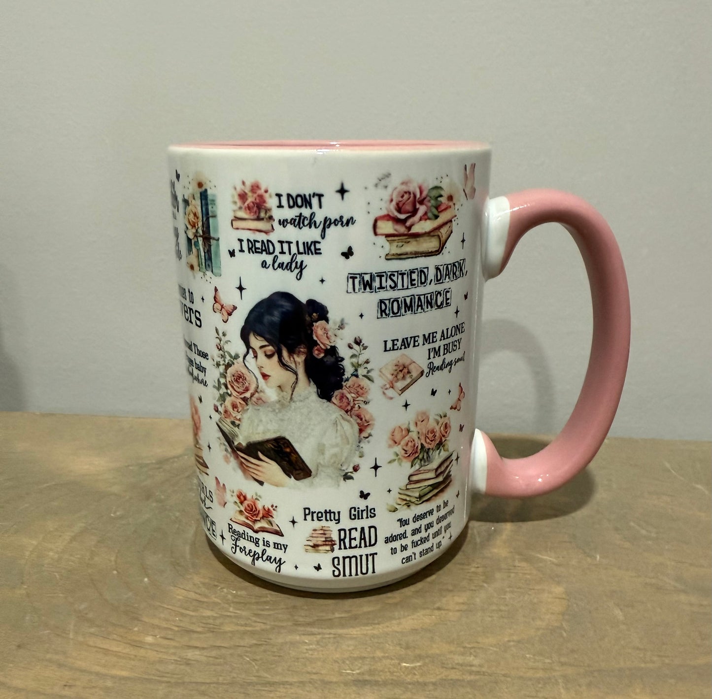 15oz Ceramic Mug - Bookish Phrases Girl Pink - Made to Order!