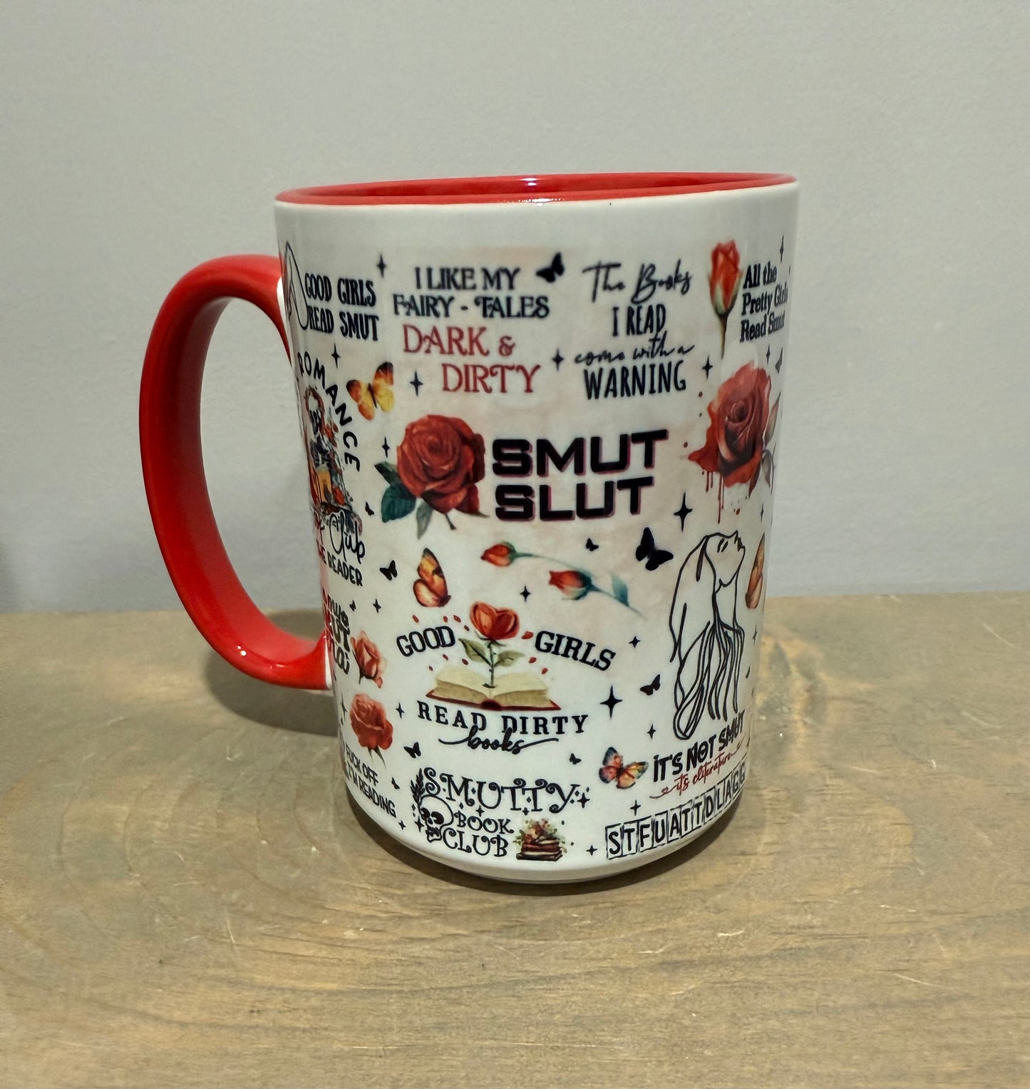 15oz Ceramic Mug - Bookish Phrases Girl Red - Made to Order!