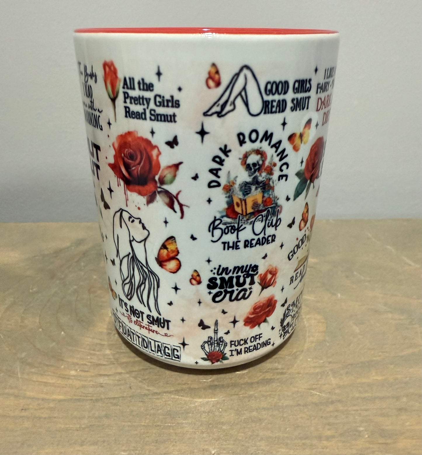 15oz Ceramic Mug - Bookish Phrases Girl Red - Made to Order!