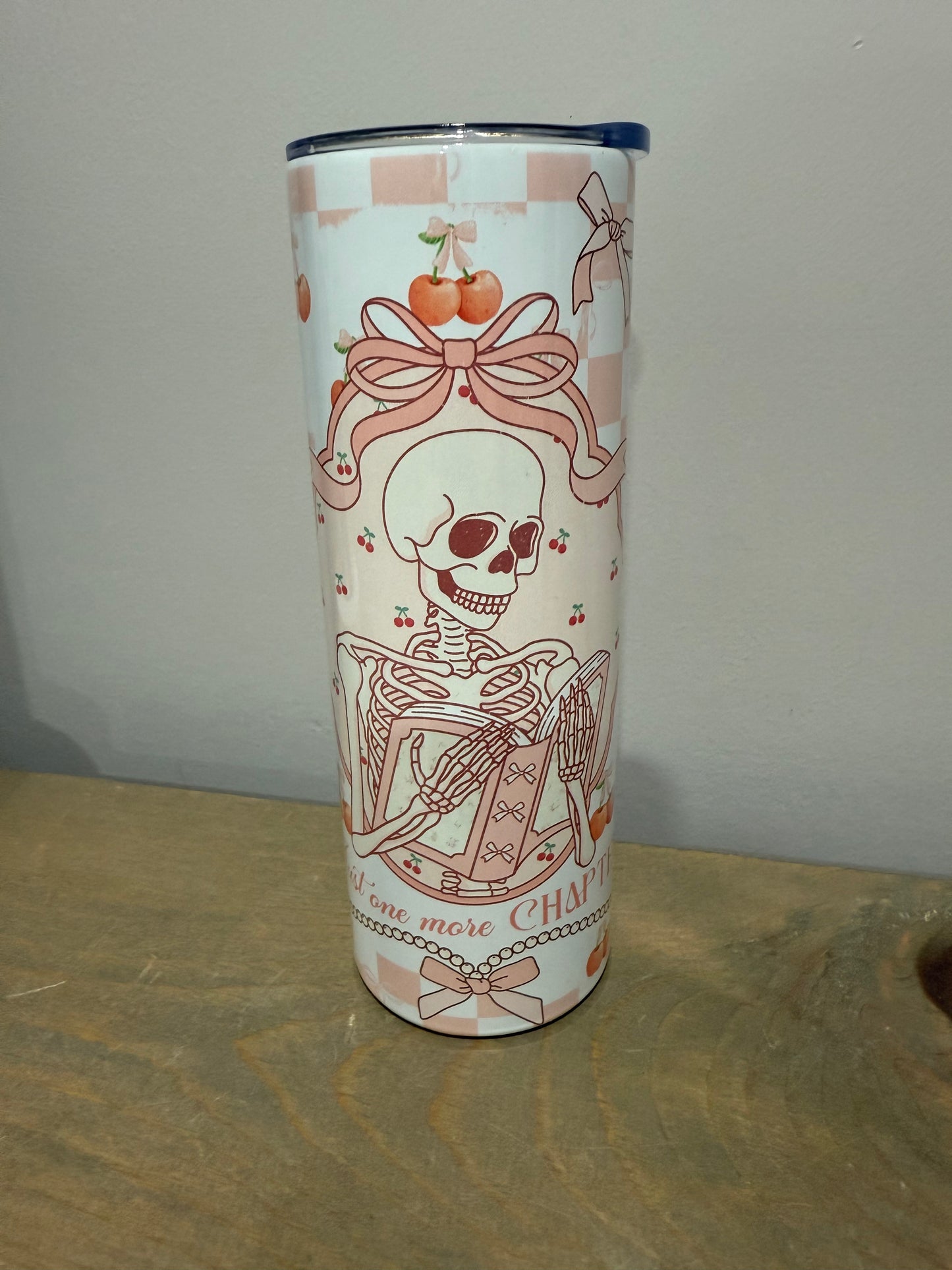 20oz Skinny Stainless Steel Tumbler - Pink Skeleton Just One More Chapter - Made to Order!