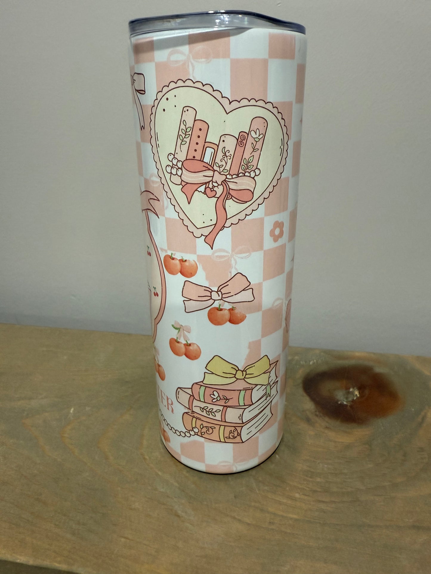 20oz Skinny Stainless Steel Tumbler - Pink Skeleton Just One More Chapter - Made to Order!