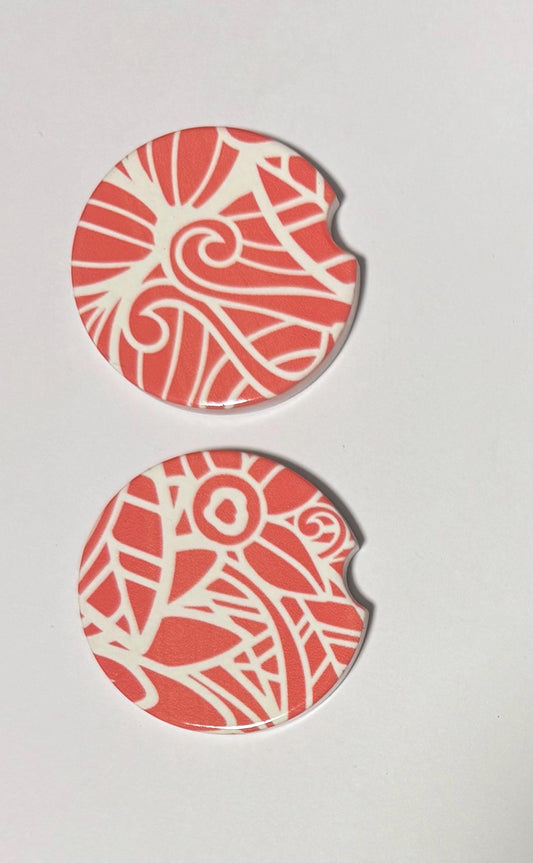 Ceramic Car Coasters - Set of Two - Pink Mandala