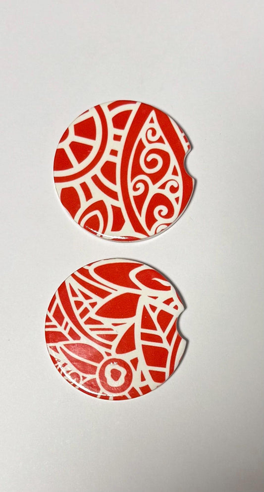 Ceramic Car Coasters - Set of Two - Red Mandala