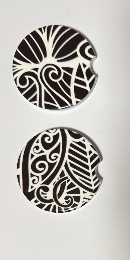 Ceramic Car Coasters - Set of Two - Black Mandala