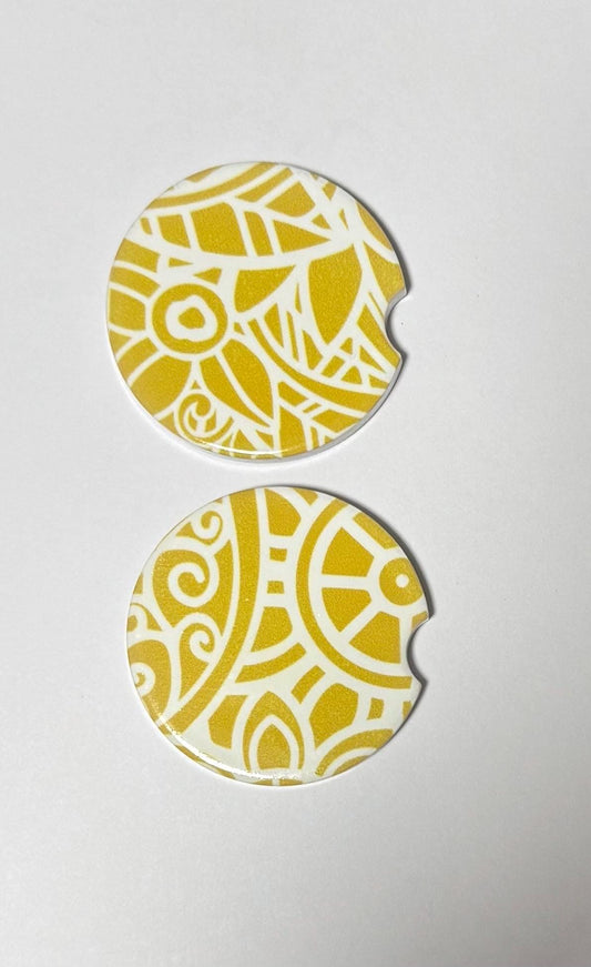 Ceramic Car Coasters - Set of Two - Yellow Mandala