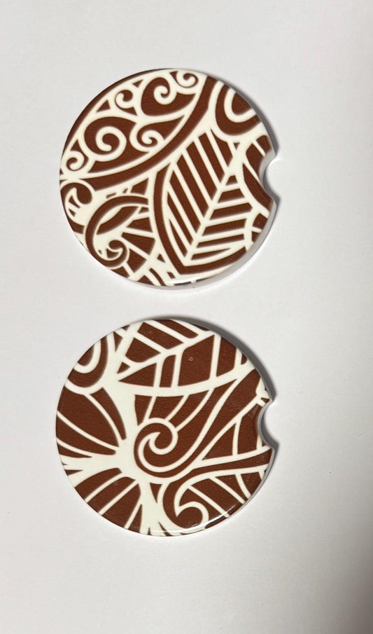 Ceramic Car Coasters - Set of Two - Brown Mandala