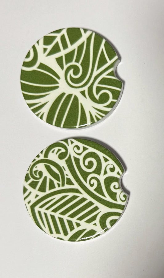 Ceramic Car Coasters - Set of Two - Dark Green Mandala